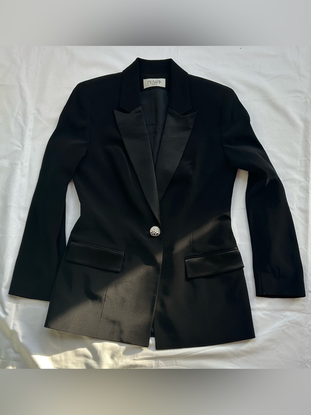 Miu Miu Black Satin-Lapel Blazer with Decorative Button